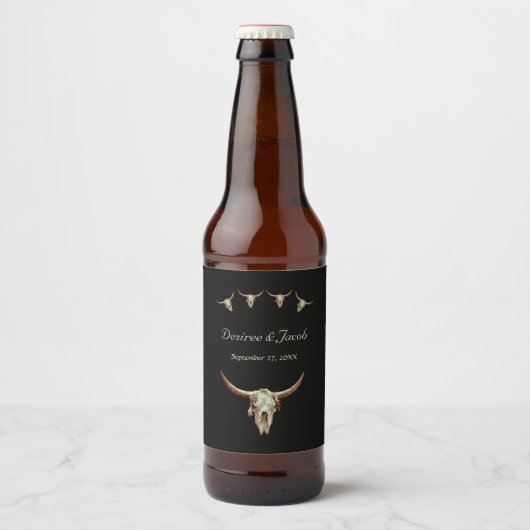 Westerne Rustic Black Wedding Bull Koe Skull Bier Etiket (Voorkant)