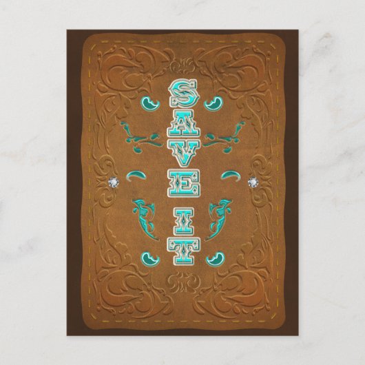 Westerne Rustic Brown Leather Look SAVE IT de datu Aankondigingskaart (Voorkant)