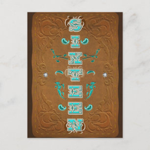 Westerne Rustic Brown & Turquoise ZESTIEN 16 Party Aankondigingskaart