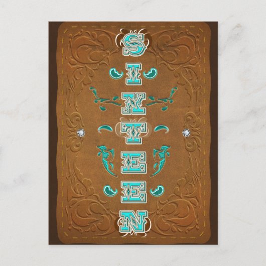 Westerne Rustic Brown & Turquoise ZESTIEN 16 Party Aankondigingskaart (Voorkant)