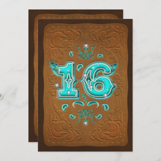 Westerne Rustic Brown & Turquoise ZESTIEN 16 Party Kaart (Voorkant / Achterkant)