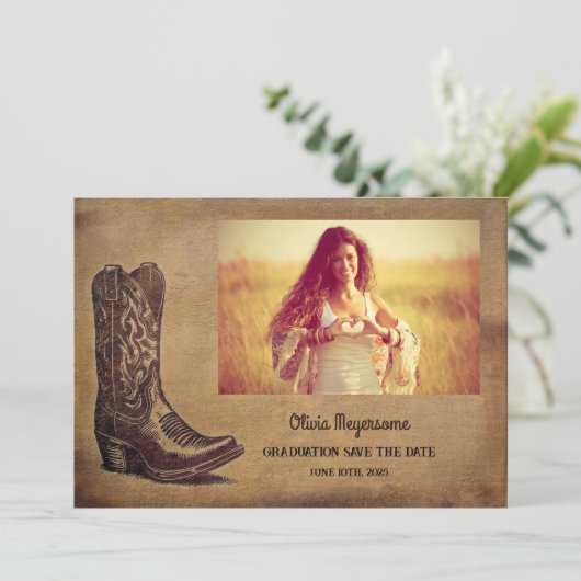 Westerne rustieke Afstuderen foto Save The Date (Staand voorkant)