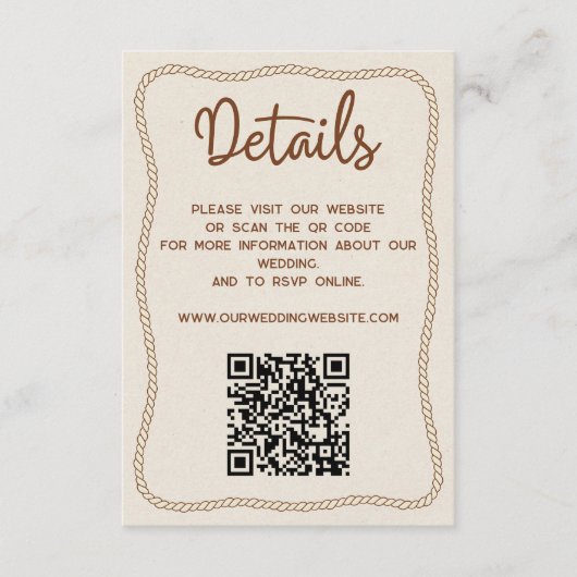 Westerne rustieke bruiloft details website QR-code Informatiekaartje (Voorkant)