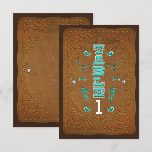 Westerne rustieke bruine lederen feesttafel nummer kaart (Voorkant / Achterkant)