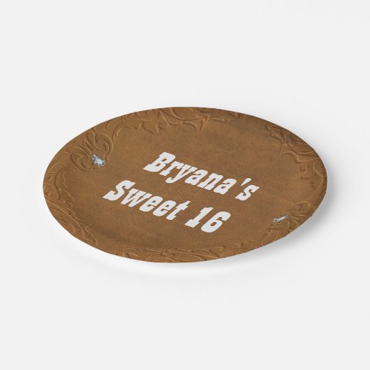 Westerne rustieke bruine lederen look & diamanten  papieren bordje (Gekanteld)