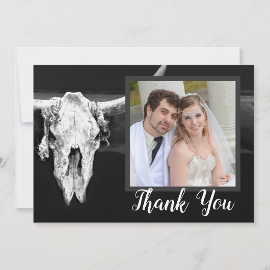 Westerne rustieke zwart-witte stier schedel foto bedankkaart (Voorkant)