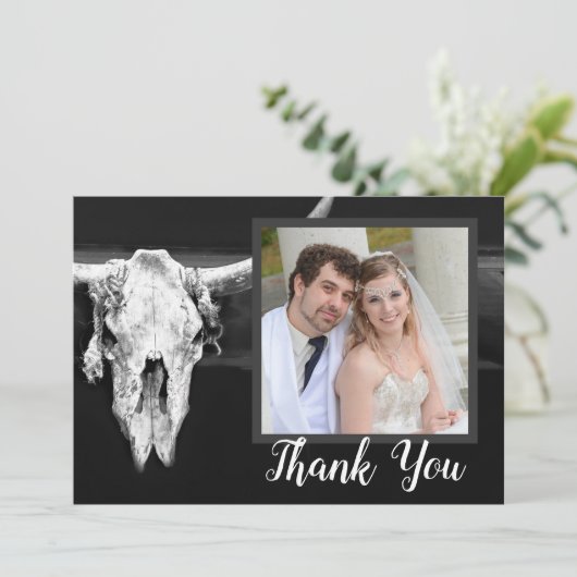 Westerne rustieke zwart-witte stier schedel foto bedankkaart (Staand voorkant)