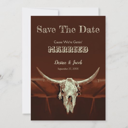 Westerne Rustige bruiloft Bull Skull Save the Date (Voorkant)