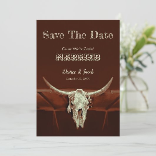 Westerne Rustige bruiloft Bull Skull Save the Date (Staand voorkant)