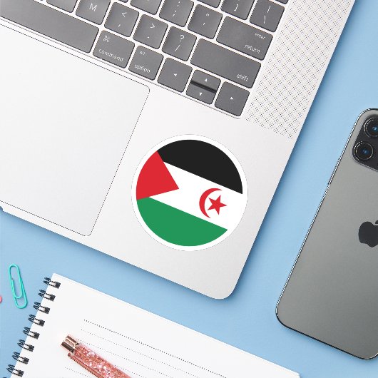 Westerne Saharavlag Ronde Sticker (Laptop met iPhone)
