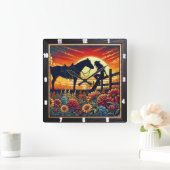 Westerne scène met paard, ruiter, zonsondergang vierkante klok (Huis)
