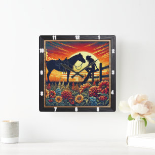 Westerne scène met paard, ruiter, zonsondergang vierkante klok