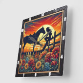 Westerne scène met paard, ruiter, zonsondergang vierkante klok (Hoek)
