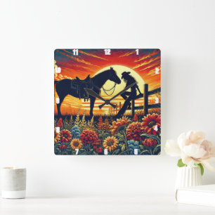Westerne scène met paard, ruiter, zonsondergang vierkante klok