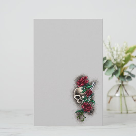 Westerne schedel met rode rozen en revolver pompje briefpapier (Staand voorkant)