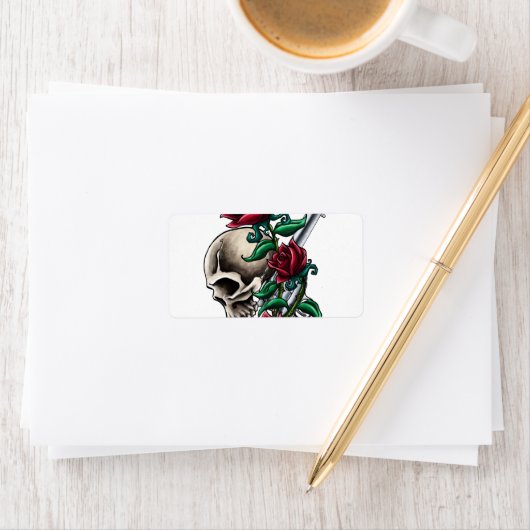 Westerne schedel met rode rozen en revolver pompje etiket (Insitu)