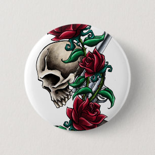 Westerne schedel met rode rozen en revolver pompje ronde button 5,7 cm