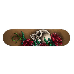 Westerne schedel met rode rozen en revolver pompje skateboard