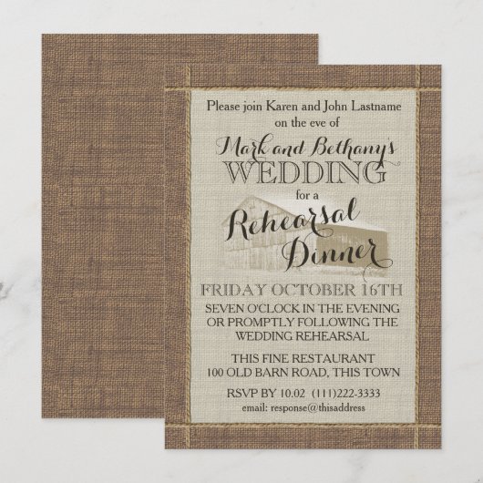 Westerne schuur en Burlap repetitie diner Kaart (Voorkant / Achterkant)