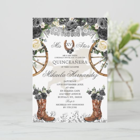 Westerne Silver en Black Charra Boots 15 anos Kaart (Staand voorkant)