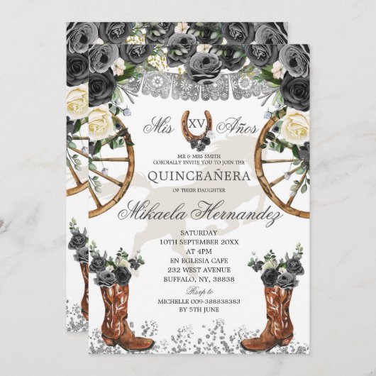 Westerne Silver en Black Charra Boots 15 anos Kaart (Voorkant / Achterkant)