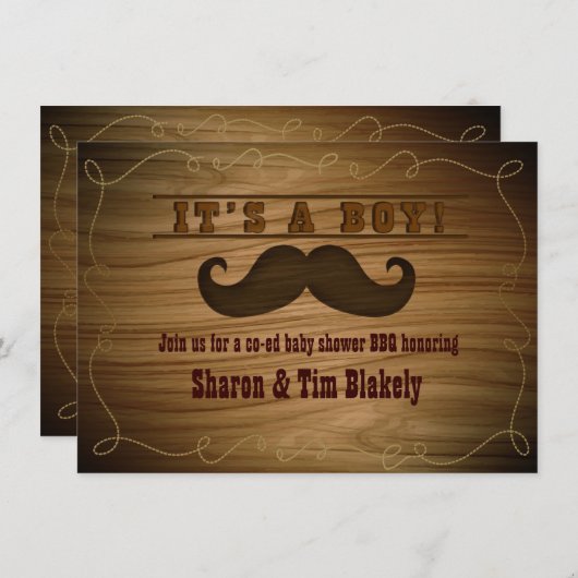 Westerne snor Baby shower Het is een jongensuitnod Kaart (Voorkant / Achterkant)