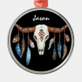 Westerne Steer Skull en Feathers Aangepast Metalen Ornament (Voorkant)