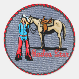 Westerne Sticker Cowgirl Rodeo Star op Denim Print