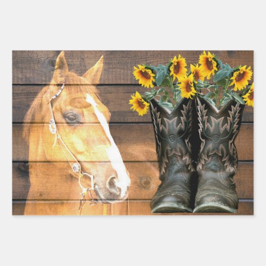 Westerne stijlpaarden en cowboy Boots-zonnebloemen Inpakpapier Vel (Voorkant 3)