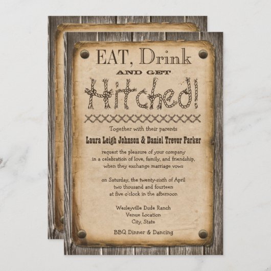Westerne stijlvol eten, Drink en gehitte bruiloft Kaart (Voorkant / Achterkant)