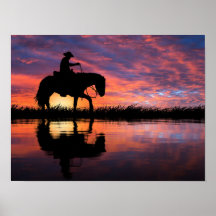 Westerne Sunset Cowboy op Horseback Big Sky