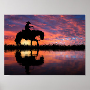 Westerne Sunset Cowboy op Horseback Big Sky Poster