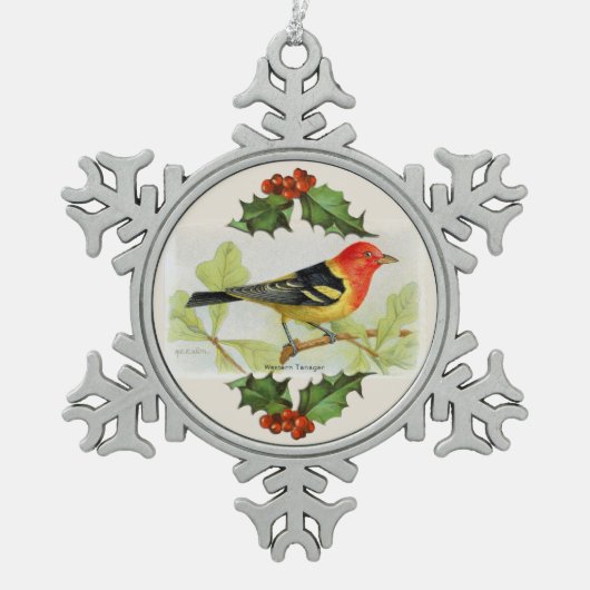 Westerne Tanager Snowflake Pewter Kerstmenorum Tin Sneeuwvlok Ornament (Voorkant)