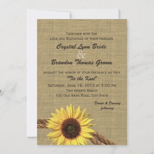 Westerne Touw en Zonnebloem bruiloft Kaart (Voorkant)