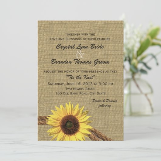 Westerne Touw en Zonnebloem bruiloft Kaart (Staand voorkant)