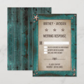 Westerne Turquoise Barn Wood Wedding RSVP-kaarten RSVP Kaartje (Voorkant / Achterkant)