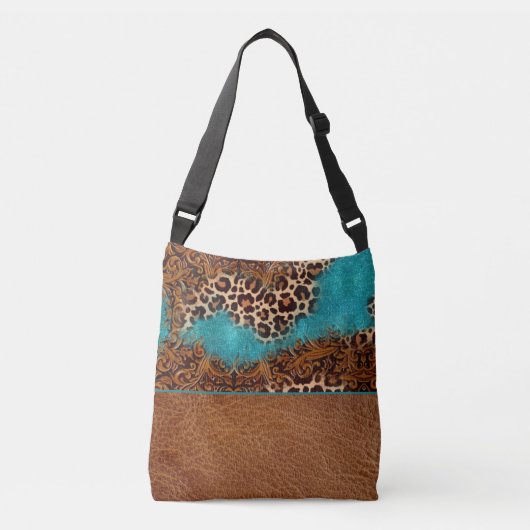 Westerne Turquoise Glitter Leather Flourish Leopar Crossbody Tas (Voorkant)