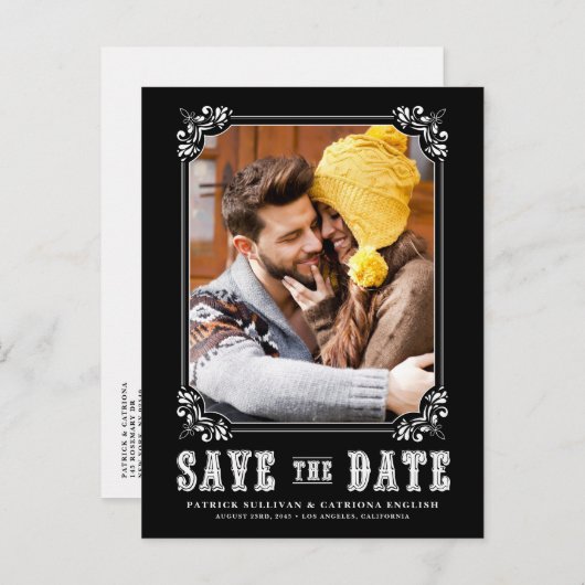 Westerne Typografie Foto Lijst Black Save the Date Aankondigingskaart (Voorkant / Achterkant)
