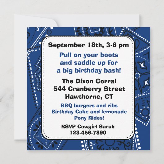 Westerne uitnodiging Bandana Cowboy Birthday (Achterkant)