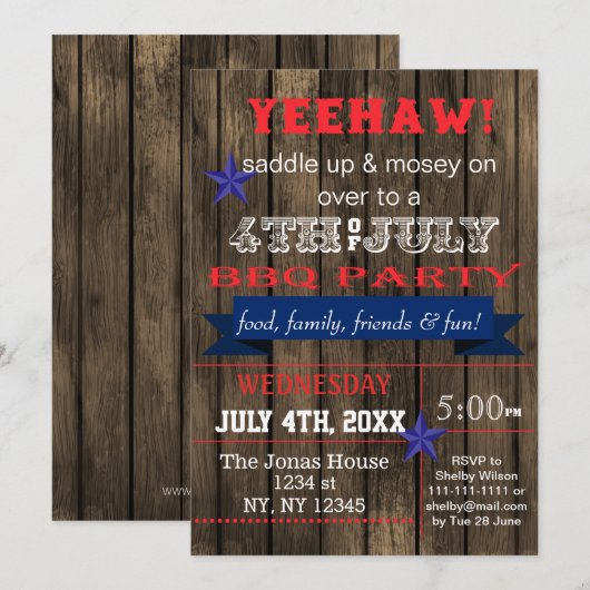 Westerne Uitnodiging op 4 juli van de BBQ-feestdag (Voorkant / Achterkant)