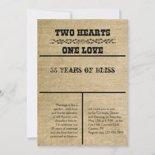 Westerne uitnodiging tot het Jubileum Burlap (Voorkant)