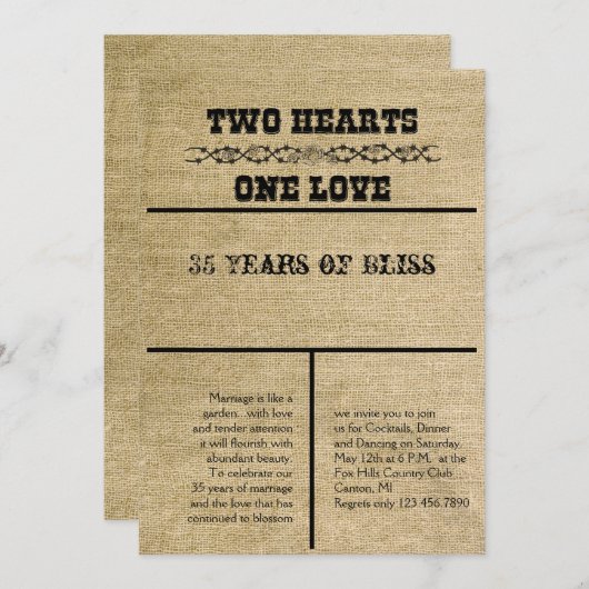 Westerne uitnodiging tot het Jubileum Burlap (Voorkant / Achterkant)