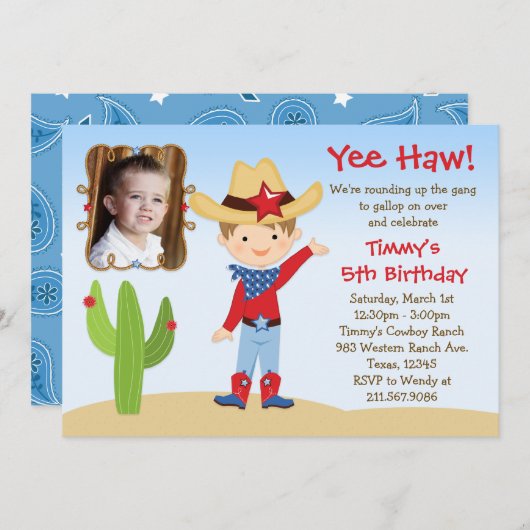 Westerne uitnodiging van Cowboy Birthday Party (Voorkant / Achterkant)