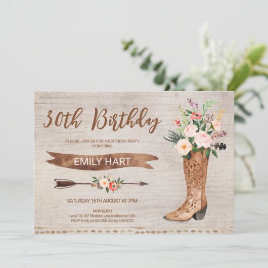 Westerne uitnodiging van Floral Boot Birthday (Staand voorkant)