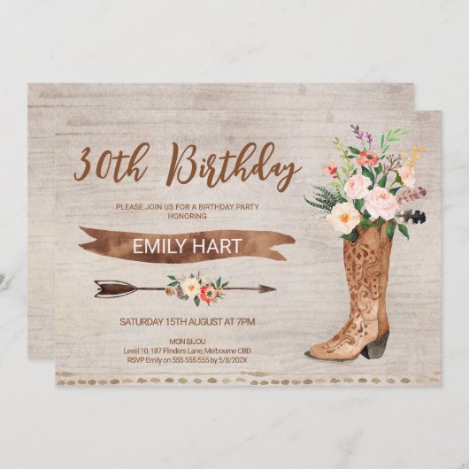 Westerne uitnodiging van Floral Boot Birthday (Voorkant / Achterkant)