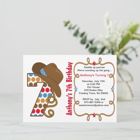 Westerne uitnodiging voor Big Seven Boy Birthday (Staand voorkant)