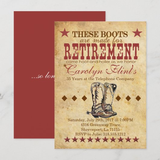 Westerne Uitnodiging voor Pensioen – Cowboy Boots  (Voorkant / Achterkant)