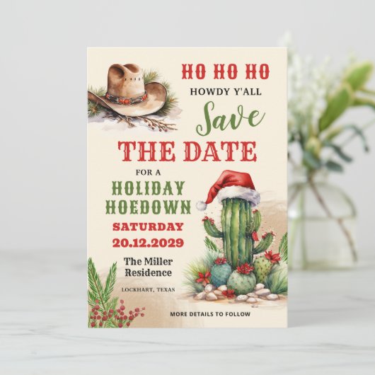 Westerne vakantie Hoedown, Santa Hat Cowboy Party Save The Date (Staand voorkant)
