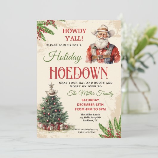 Westerne Vakantie Hoedown Uitnodigen, Cowboy Santa Kaart (Staand voorkant)