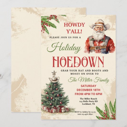 Westerne Vakantie Hoedown Uitnodigen, Cowboy Santa Kaart (Voorkant / Achterkant)